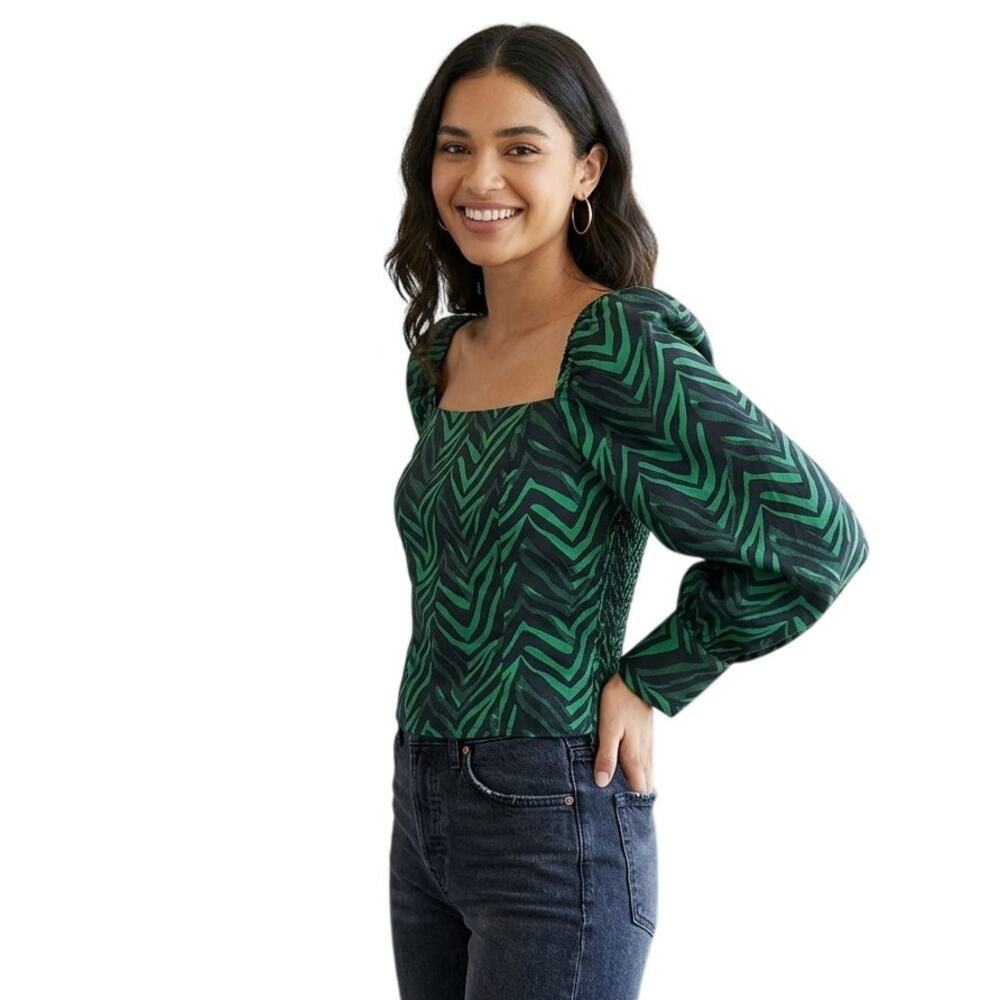 Corey Lynn Calter Green Zebra Puff Sleeve Organic Cotton Top EUC Regencycore M